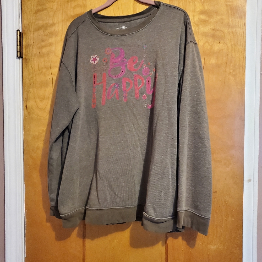 NATURAL LIFE Olive Green 'Be Happy' Crew Neck Sweater